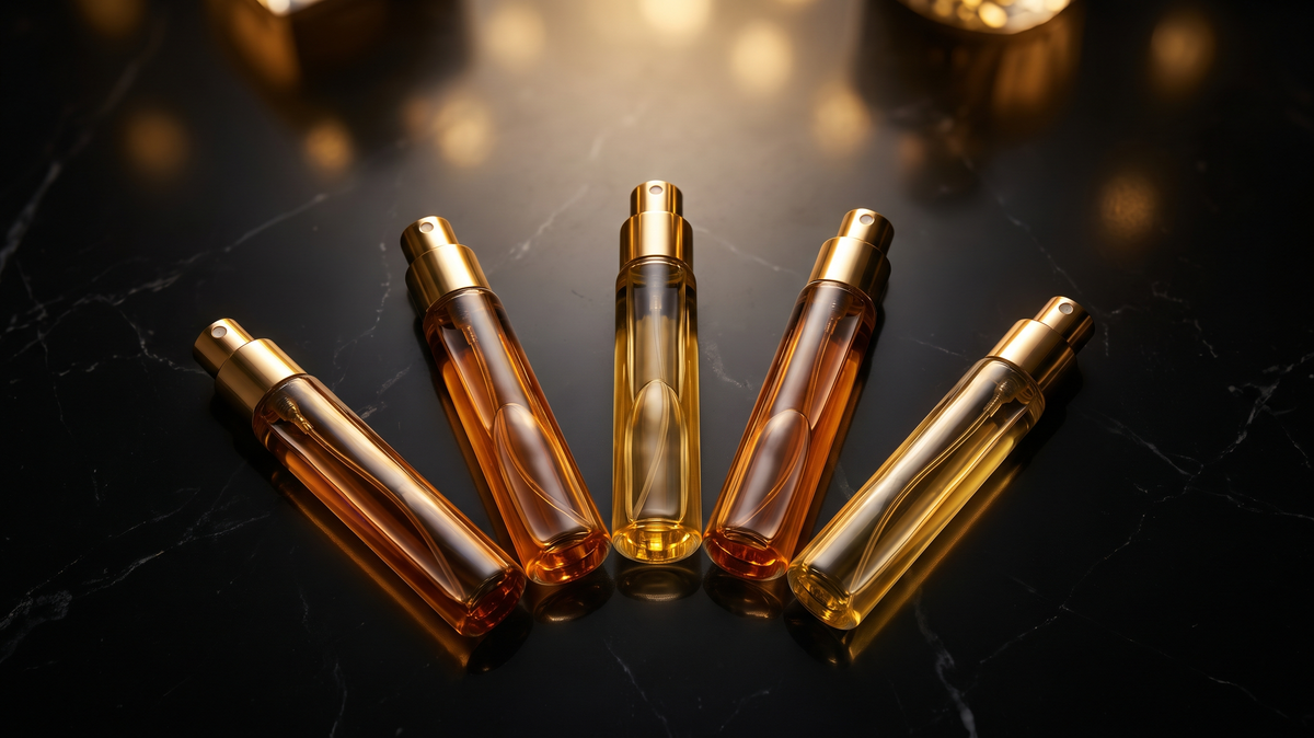 A curated flat lay of five slim glass fragrance decant vials with gold atomisers on dark marble — the complete guide to fragrance decants in Australia by Fragrance ADDX