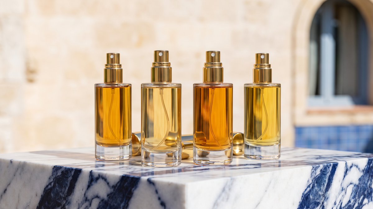 Four slim glass fragrance decant vials with gold atomisers on white and blue marble, representing Mykonos and niche Middle Eastern fragrance decants in Australia — Fragrance ADDX
