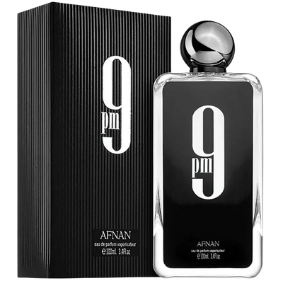 Afnan 9PM Eau de Parfum bottle and box with a large 9 PM logo. — fragrance sample