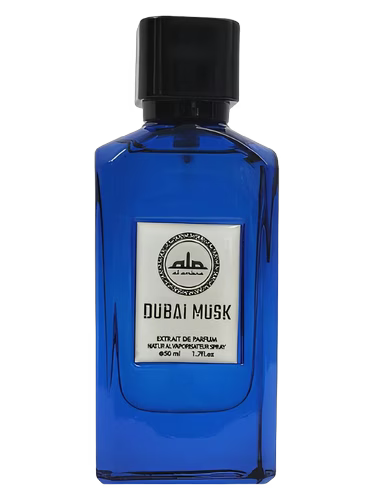 Al Ambra Dubai Musk Extrait de Parfum bottle with black cap and white label.