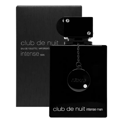 Black bottle of Armaf Club de Nuit Intense Man Eau de Toilette with a silver chain and charm.