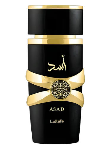 Lattafa Asad perfume bottle with gold accents and Arabic script.