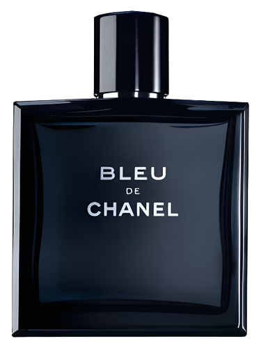 Bleu de Chanel Eau de Parfum bottle with silver text.