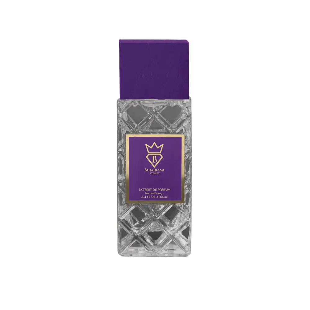 Bujairami Extrait de Parfum bottle with a purple cap and a gold label.
