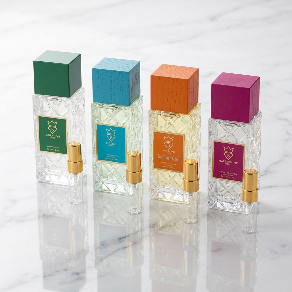Four Bujairami House fragrance decants: Vibration, Hectic, Too Damn Good, and Mastermind.