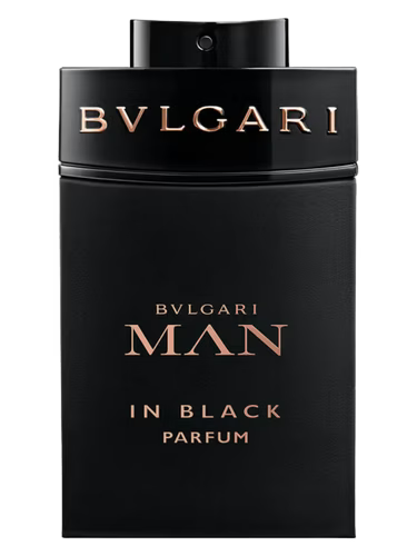 Bvlgari Man in Black Parfum fragrance bottle with gold lettering on a black background.