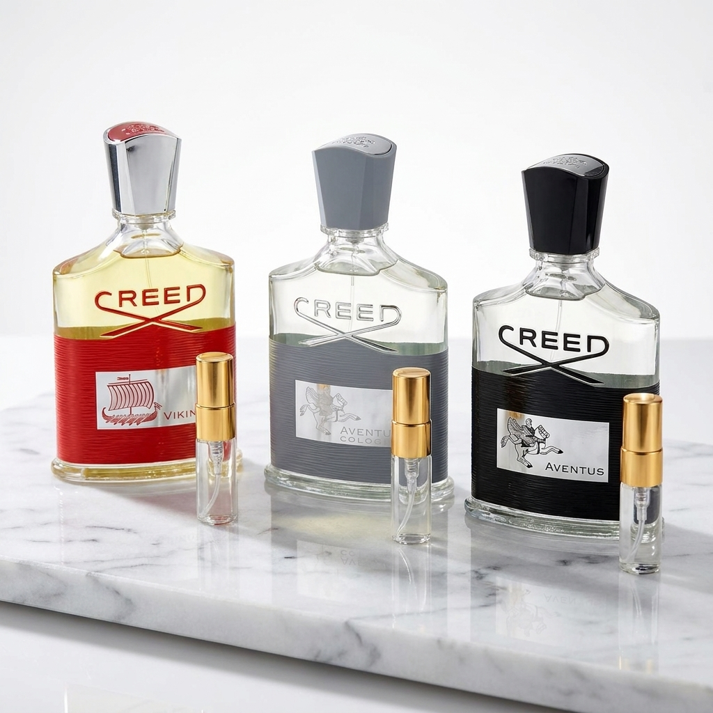 Three Creed fragrance decants: Viking, Aventus Cologne, and Aventus, with two smaller sample vials.