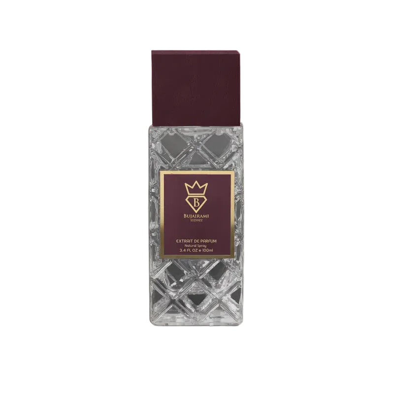 Bujairami Dirty Money Extrait de Parfum bottle with a maroon cap and clear patterned glass.