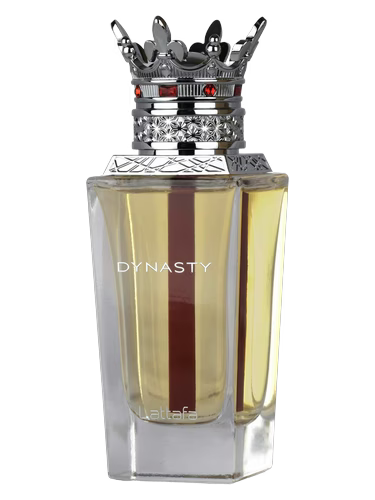 Lattafa Dynasty perfume bottle with a crown-shaped cap and red accents.