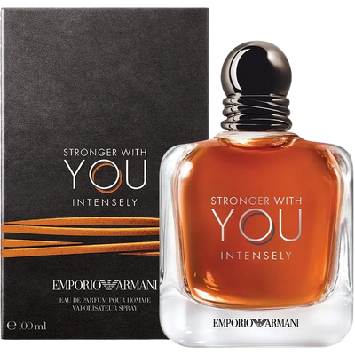 Emporio Armani Stronger With You Intensely perfume bottle and box. — fragrance sample