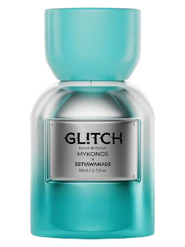 Mykonos Glitch Extrait de Parfum bottle with a silver label and turquoise cap.