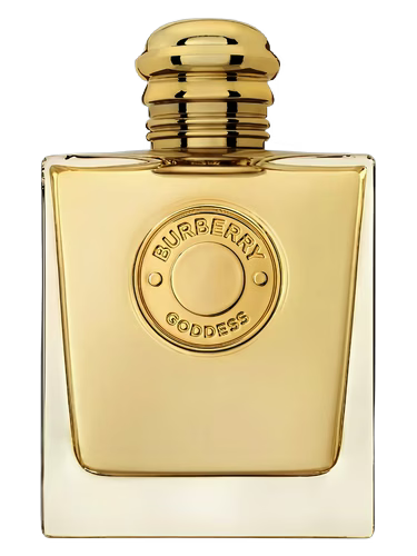 Burberry Goddess perfume bottle with gold accents and a circular emblem.