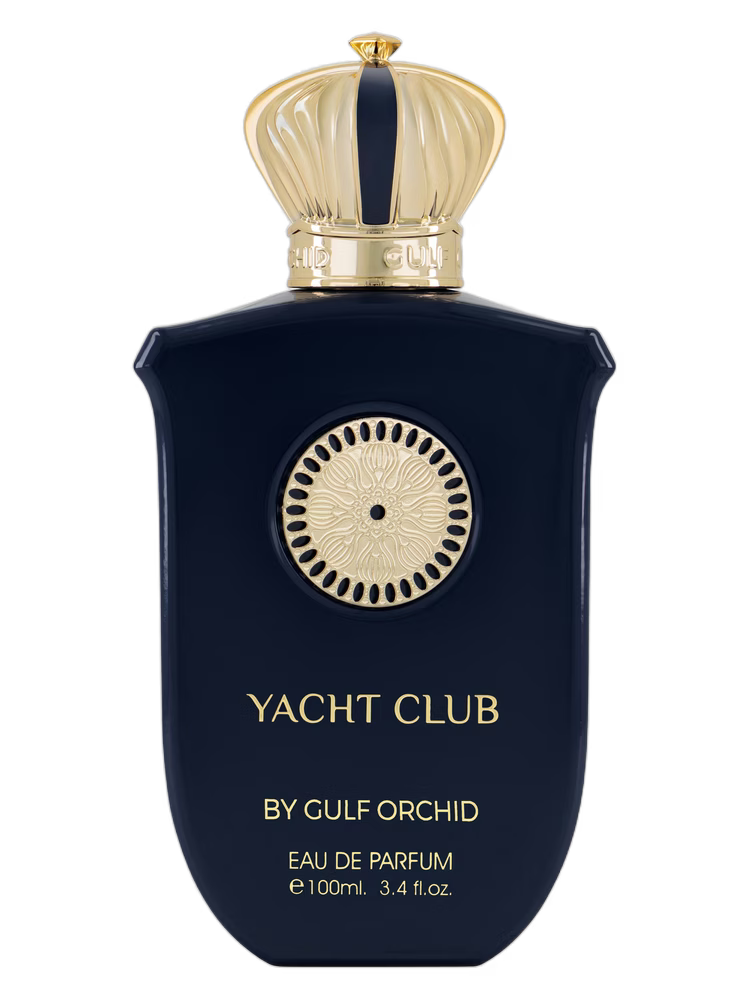 Dark blue bottle of Gulf Orchid Yacht Club Eau de Parfum with a gold crown cap.