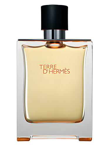 Terre d'Hermès Eau de Toilette bottle with orange liquid and black cap.