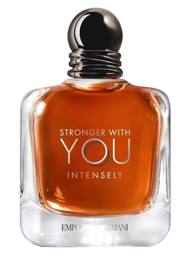 Emporio Armani Stronger With You Intensely perfume bottle with amber liquid.