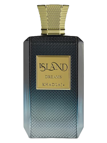 Khadlaj Island Dreams perfume bottle with a textured dark blue and light blue gradient.