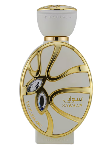Khadlaj Sawaar Vanille Blanc Extrait de Parfum bottle with gold accents and crystals.