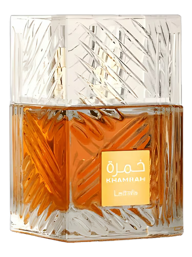 Lattafa Khamrah Eau de Parfum bottle with amber liquid and a gold label.