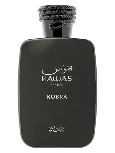 Rasasi Hawas Kobra for Him fragrance bottle with Arabic script and 'KOBRA' text.
