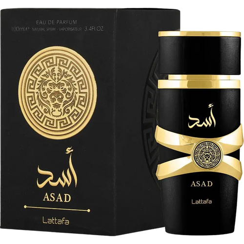 A black and gold bottle of Lattafa Asad Eau de Parfum with Arabic script.