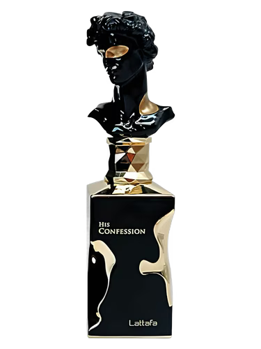 Lattafa His Confessions Eau de Parfum bottle with a black bust of David and gold accents.