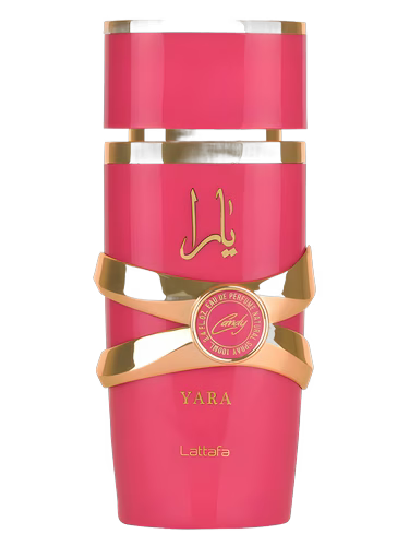 Pink Lattafa Yara Candy perfume bottle with gold accents and Arabic script.