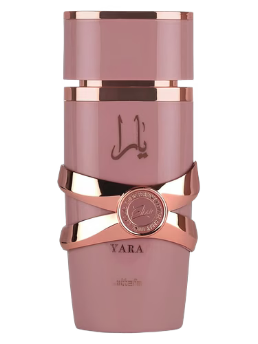 Pink Lattafa Yara Elixir perfume bottle with rose gold accents and Arabic script.