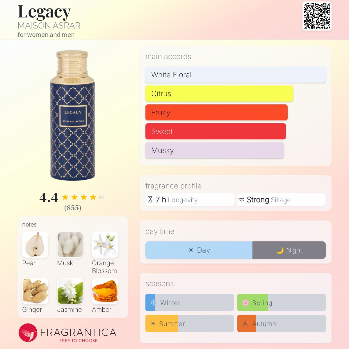 Maison Asrar Legacy perfume bottle with notes of pear, musk, orange blossom, ginger, jasmine, and amber.