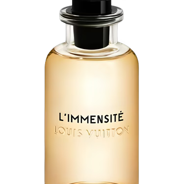 Louis Vuitton L'Immensite Eau de Parfum bottle with golden liquid and black cap.