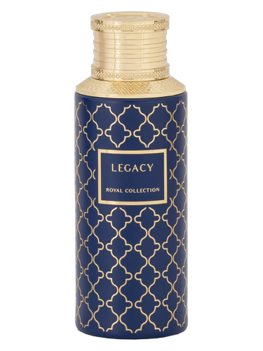 Blue bottle of Maison Asrar Legacy perfume with gold geometric pattern and gold cap.