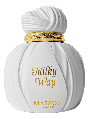 Maison Asrar Milky Way Eau de Parfum decant bottle with white pleated cap and gold band.