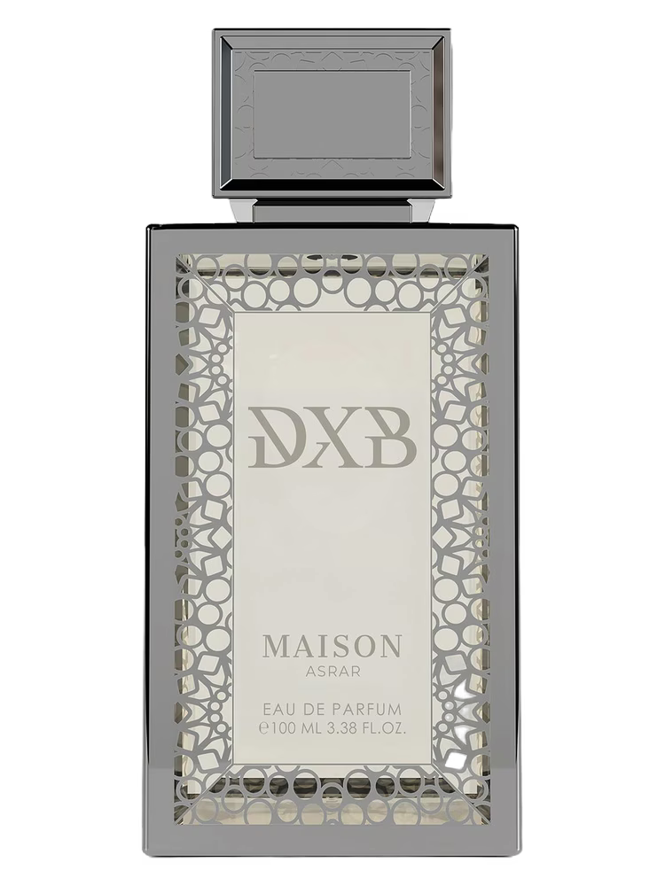 Maison Asrar DXB Eau de Parfum bottle with a silver cap and intricate patterned frame.