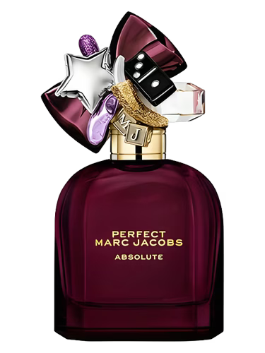 Marc Jacobs Perfect Absolute EDP fragrance bottle with a deep wine red hue and a decorative gold cap.