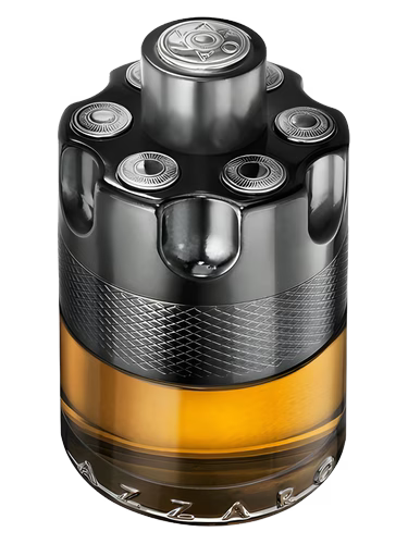 Azzaro Wanted By Night fragrance bottle designed like a revolver cylinder with amber liquid.