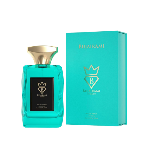 A turquoise perfume bottle and box with gold accents and the brand name Bujairami.