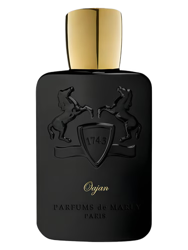 Black bottle of Parfums de Marly Oajan fragrance with gold cap and embossed horses.