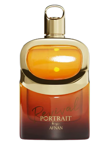 Afnan Portrait Revival Eau de Parfum bottle with gold accents and amber liquid.