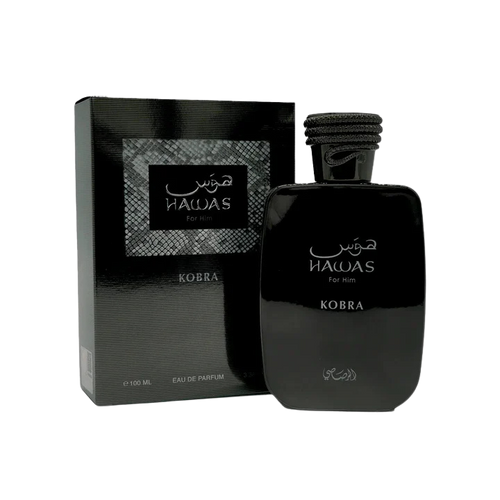 A black bottle and box of Rasasi Hawas Kobra Eau de Parfum for him.