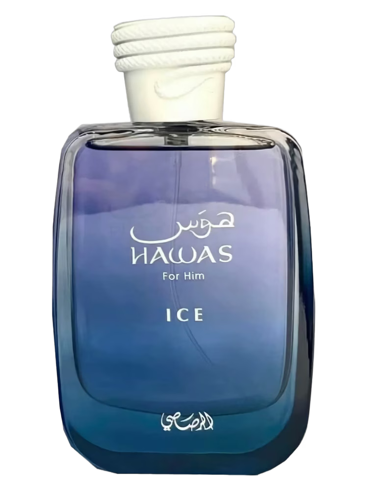 Rasasi Hawas Ice For Him perfume bottle with blue gradient glass.