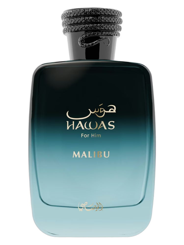 Rasasi Hawas Malibu For Him perfume bottle with a gradient of dark green to teal and gold lettering.