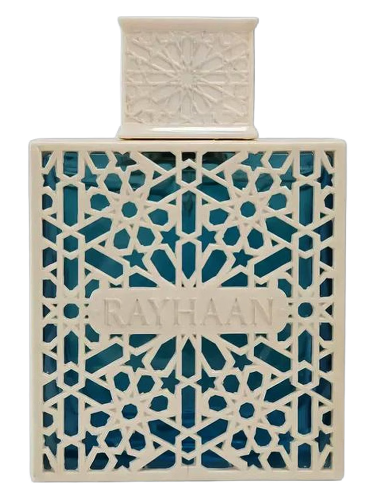 Rayhaan Azul EDP decant bottle with white geometric lattice and blue liquid.