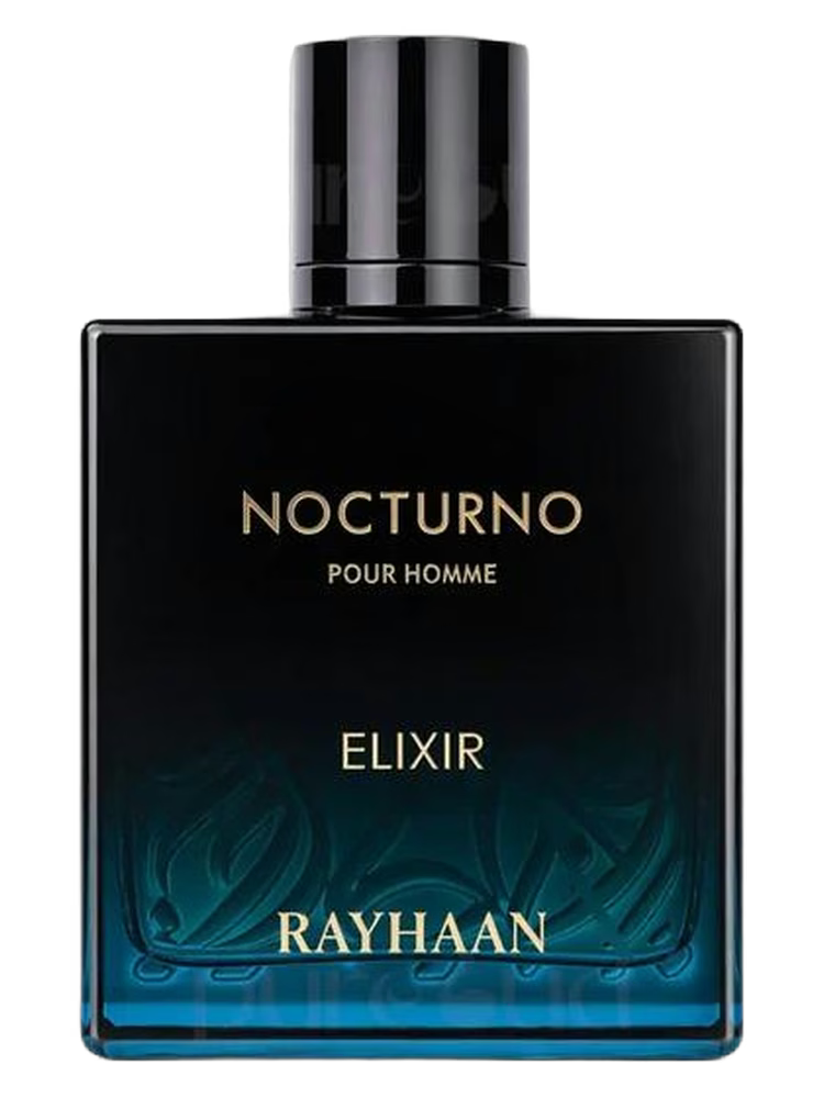 Rayhaan Nocturno Elixir Pour Homme fragrance bottle with black and blue gradient.