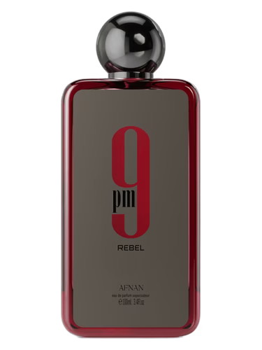 Afnan 9PM Rebel Eau de Parfum bottle with a red metallic finish and a dark grey label.
