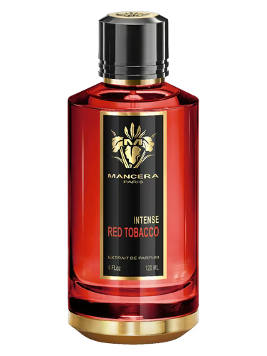 Mancera Red Tobacco Intense Eau de Parfum bottle, red glass with black and gold label.