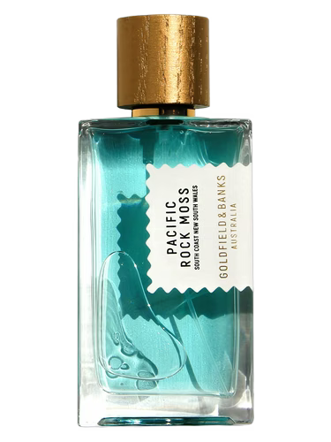 Goldfield & Banks Pacific Rock Moss perfume bottle with a gold cap and blue liquid.