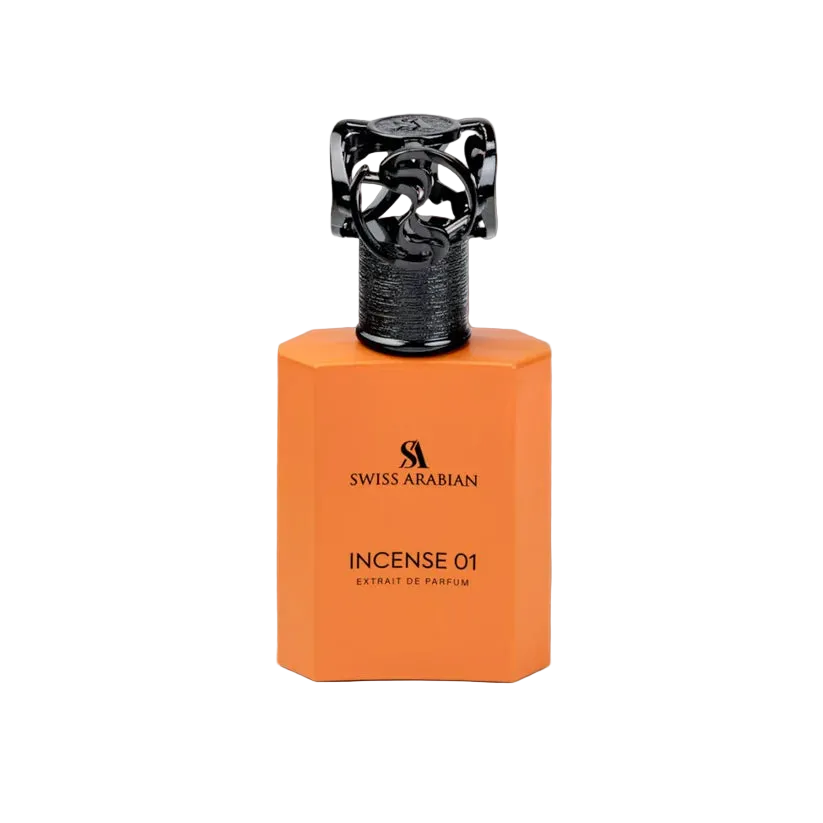 Swiss Arabian Incense 01 EDP decant bottle with an orange octagonal body and black ornate cap.