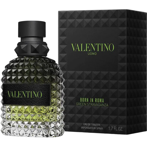 Valentino Uomo Born in Roma Green Stravaganza Eau de Toilette bottle and box.