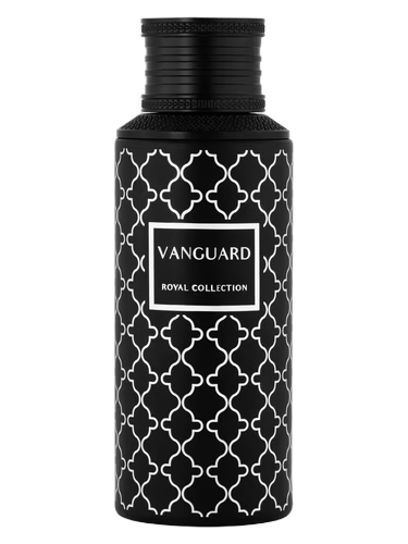 Maison Asrar Vanguard Royal Collection perfume bottle with black and white geometric pattern.