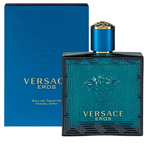 Versace Eros Eau de Toilette bottle and box in blue.