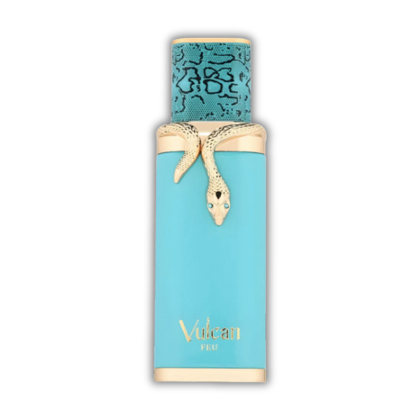 French Avenue Vulcan Feu perfume bottle with a gold snake coiled around the neck and a turquoise cap.